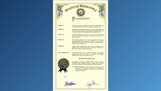 Governor Proclaims September 4 as Blood Donation Day for Nebraska
